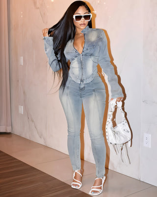 HARISHA Denim Zip-Up Top & Pants Set-Meeba &amp; Mae