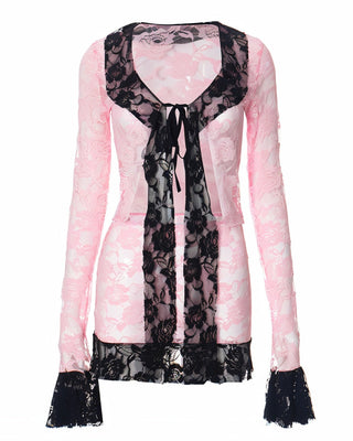 BRAVINA Ruffle Sheer Lace Crop Top & Mini Skirt Set-Meeba &amp; Mae