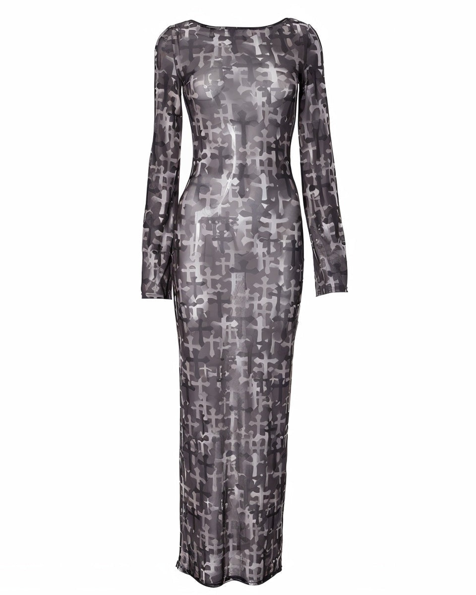 TILLY Sheer Mesh Cross-Print Maxi Dress-Meeba &amp; Mae