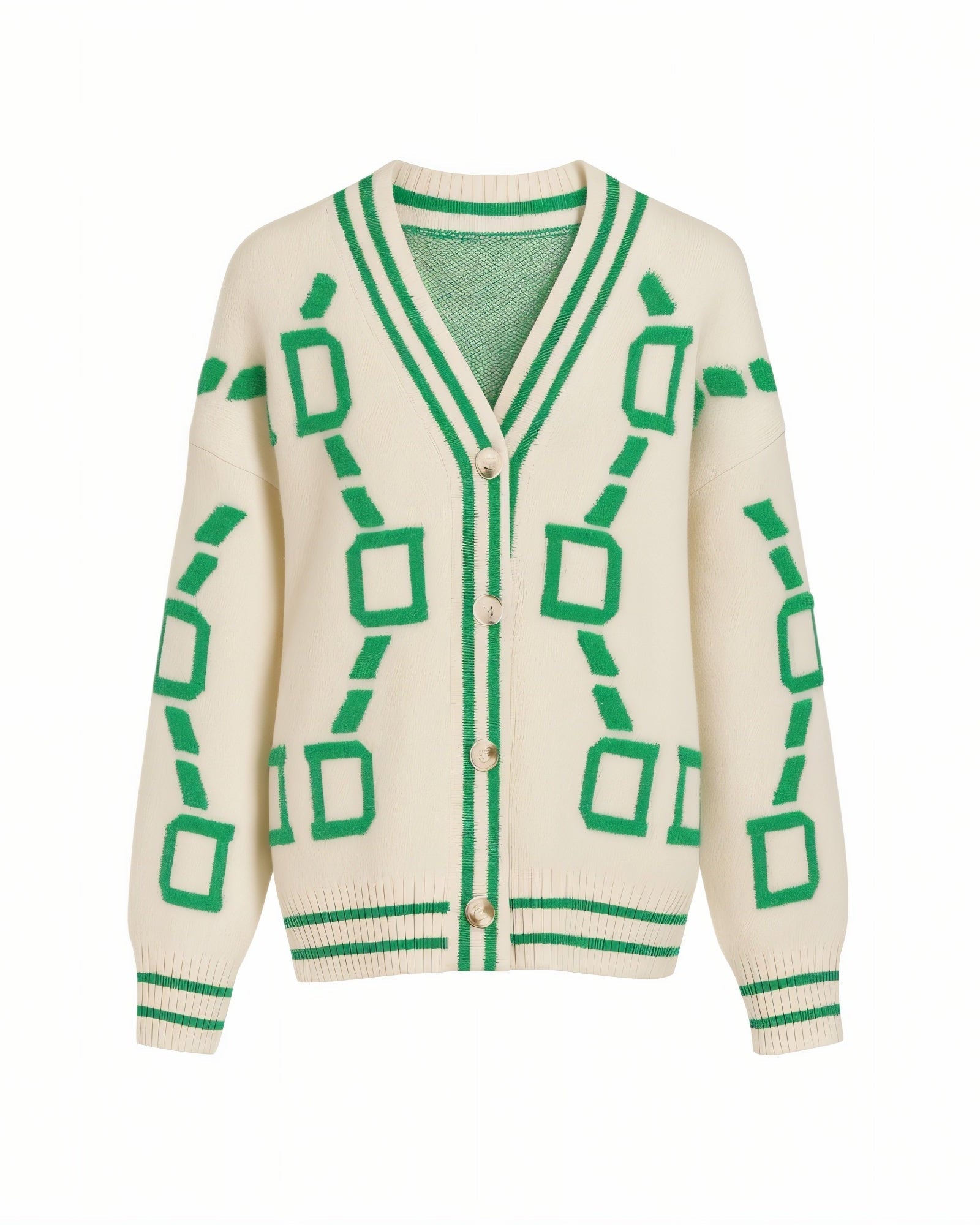 ALYA Geometric Jacquard Button-Up Knit Cardigan