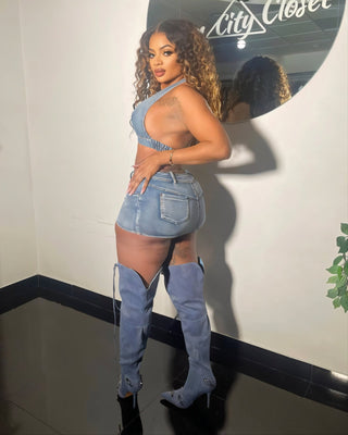 ELISHA Denim Halter Top & Cutout Skirt Set-Meeba &amp; Mae