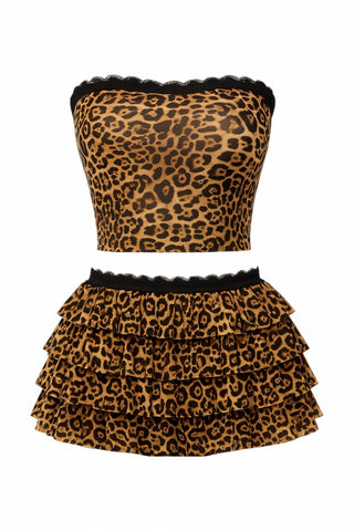 ASTORIA Leopard Print Lace Trim Top & Ruffled Mini Skirt Set-Meeba &amp; Mae