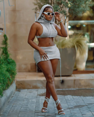 YESSA Knit Hooded Crop Top & Lace-Up Mini Skirt Set-Meeba &amp; Mae