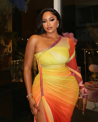 LUMEA One-Shoulder Mesh Drape Maxi Dress-Meeba &amp; Mae