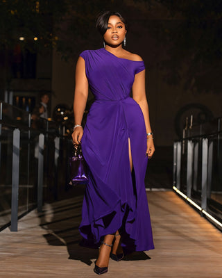 MIREN One-Shoulder Draped High Slit Maxi Dress-Meeba &amp; Mae