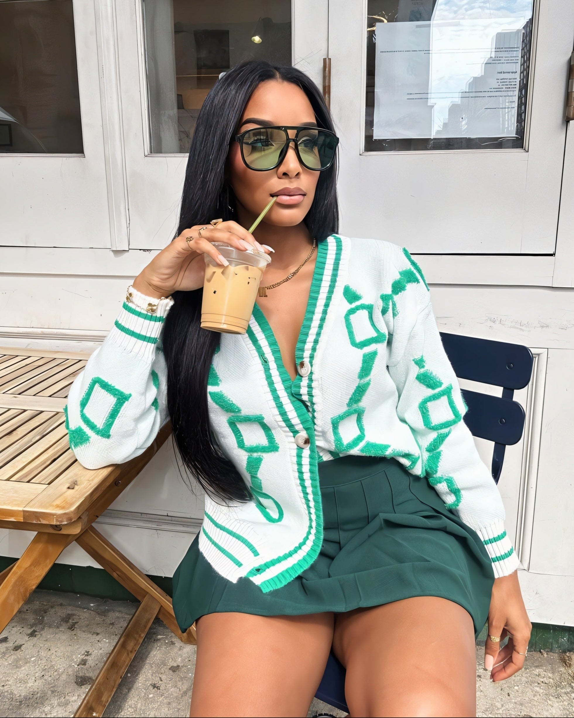 ALYA Geometric Jacquard Button-Up Knit Cardigan