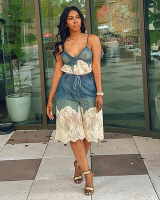 RANIELLE Denim Lace Trimmed Top & Long Shorts Set-Meeba &amp; Mae