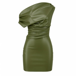 ORIELLE Faux Leather One-Shoulder Mini Dress-Meeba &amp; Mae