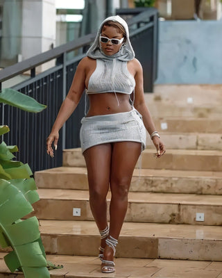 YESSA Knit Hooded Crop Top & Lace-Up Mini Skirt Set-Meeba &amp; Mae
