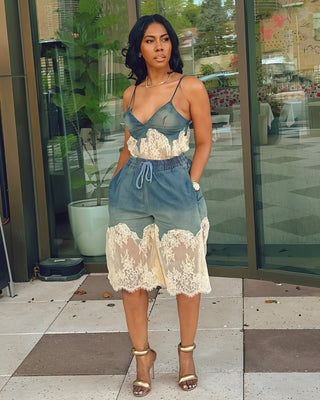 RANIELLE Denim Lace Trimmed Top & Long Shorts Set-Meeba &amp; Mae