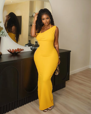 LIESSE One-Shoulder Halter-Back Maxi Dress-Meeba &amp; Mae