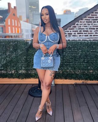 COSETTE Embellished Trim Denim Bodycon Mini Dress-Meeba &amp; Mae