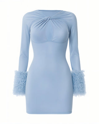 GALIENA Sheer Mesh Cutout Faux Fur Cuffs Mini Dress-Meeba &amp; Mae