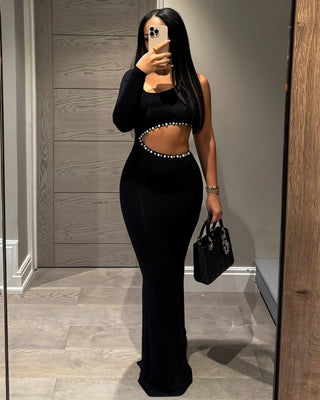 BELLIA One Sleeve Pearl Cut-Out Maxi Dress-Meeba &amp; Mae