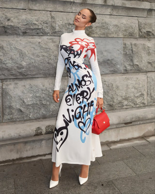 RAMY Graffiti Print Long Sleeve Mock Neck Maxi Dress-Meeba &amp; Mae