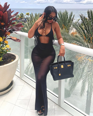 FLORYN Sheer Halter Maxi Dress & Bikini Set-Meeba &amp; Mae