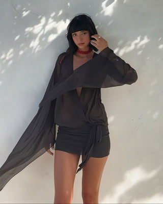 SHEIRA Drape Long-sleeve Mesh Mini Dress-Meeba &amp; Mae