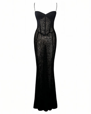 REGINA Leopard Print Velvet Detail Mesh Maxi Dress-Meeba &amp; Mae