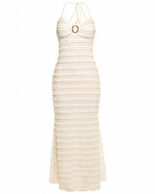 ZEPHY Ring Detail Halter Neck Textured Maxi Dress-Meeba &amp; Mae