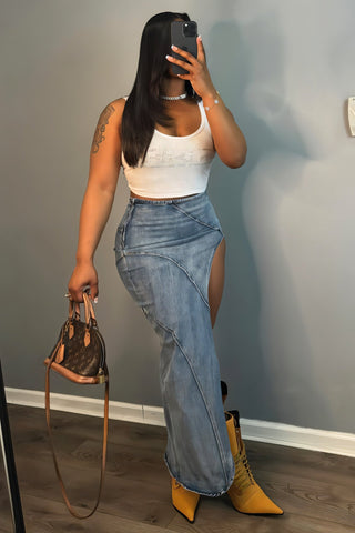 GWEN High-Slit Denim Skirt-Meeba &amp; Mae