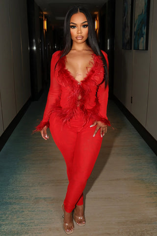 EMERY Faux Feather Trim Two-Piece Set-Meeba &amp; Mae