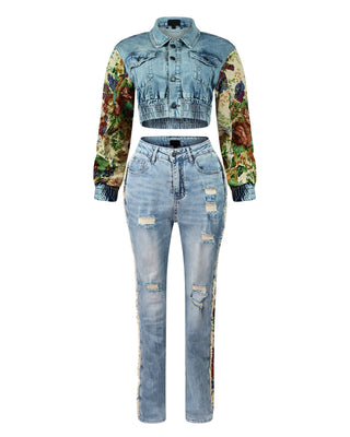 SHAY Denim Tapestry Cropped Jacket & Pant Set-Meeba &amp; Mae