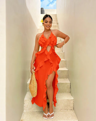 CAMRYN Halter Neck Cutout Ruffle Maxi Dress-Meeba &amp; Mae