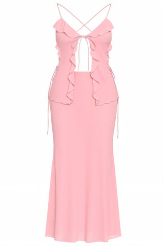 MICHELLE Sheer Ruffled Halter Top & Maxi Skirt Set-Meeba &amp; Mae