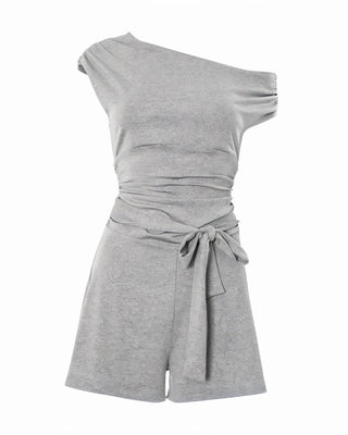 TRISHIA Oblique Off-Shoulder Tie-Waist Romper-Meeba &amp; Mae