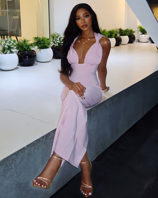 SELYA Plunge Halter Ruched Maxi Dress