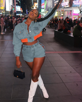 HAVEN Cropped Denim Jacket & Side Lace-up Shorts Set-Meeba &amp; Mae