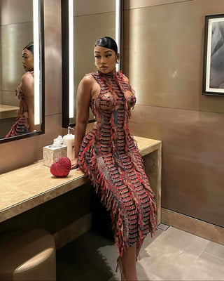 LOLA High Neck Textured Midi Dress-Meeba &amp; Mae