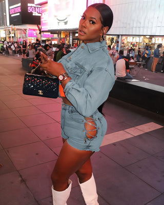 HAVEN Cropped Denim Jacket & Side Lace-up Shorts Set-Meeba &amp; Mae