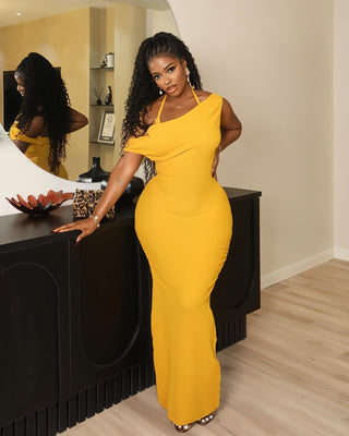 LIESSE One-Shoulder Halter-Back Maxi Dress-Meeba &amp; Mae