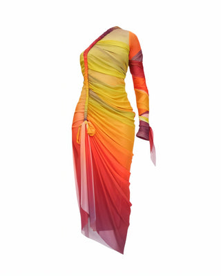 LUMEA One-Shoulder Mesh Drape Maxi Dress-Meeba &amp; Mae