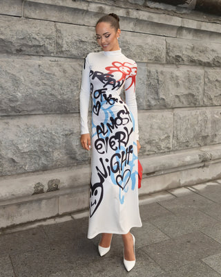 RAMY Graffiti Print Long Sleeve Mock Neck Maxi Dress-Meeba &amp; Mae
