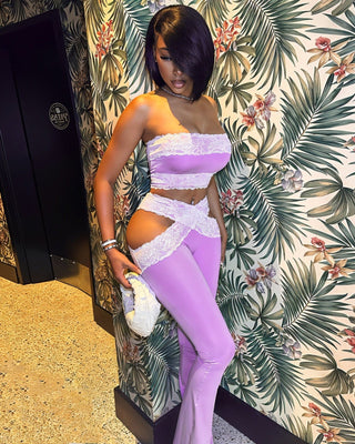 DENIA Lace Trim Strapless Top & Flared Pants Set-Meeba &amp; Mae