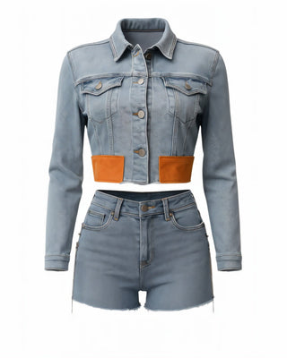 HAVEN Cropped Denim Jacket & Side Lace-up Shorts Set-Meeba &amp; Mae