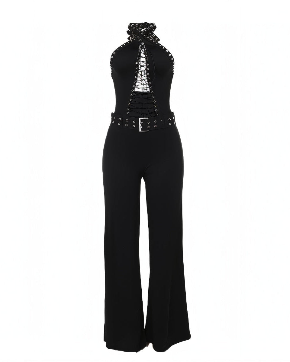 ALESSIA Eyelet Lace-Up Halter Jumpsuit-Meeba &amp; Mae