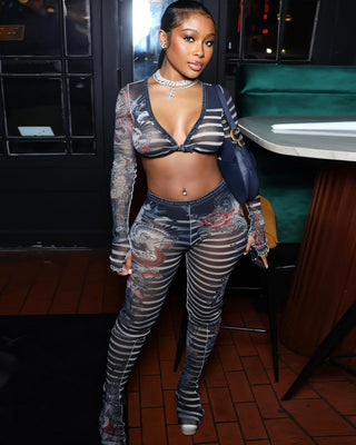 LAILA Mesh Striped Print Long Sleeve Top and Pants Set-Meeba &amp; Mae