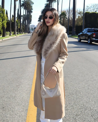 FLORINA Faux Fur Collar Wool Trench Coat