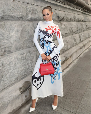 RAMY Graffiti Print Long Sleeve Mock Neck Maxi Dress-Meeba &amp; Mae