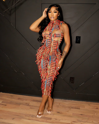 LOLA High Neck Textured Midi Dress-Meeba &amp; Mae