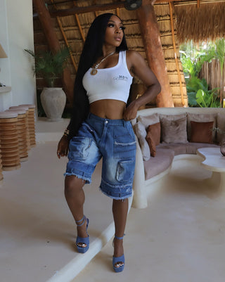 SALOME Distressed Cargo Denim Shorts-Meeba &amp; Mae