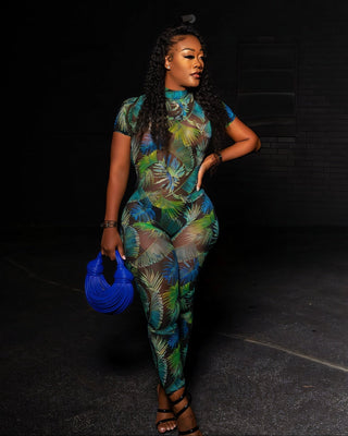 AGATHA Sheer Mesh Tropical Print Jumpsuit-Meeba &amp; Mae