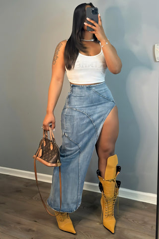 GWEN High-Slit Denim Skirt-Meeba &amp; Mae