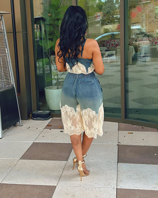 RANIELLE Denim Lace Trimmed Top & Long Shorts Set-Meeba &amp; Mae