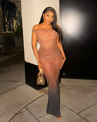 DELMA Mesh Ruched Off-Shoulder Maxi Dress-Meeba &amp; Mae