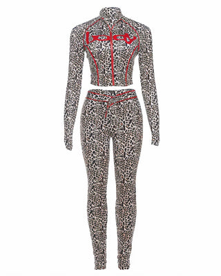 DELYSSA Leopard Cropped Jacket Top & Pants Set
