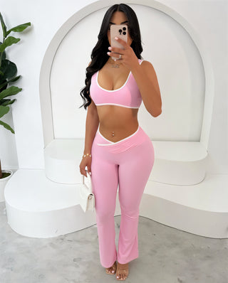 BELLAMY Trim Detail Crop Top & Crossover Waist Flare Pants Set-Meeba &amp; Mae